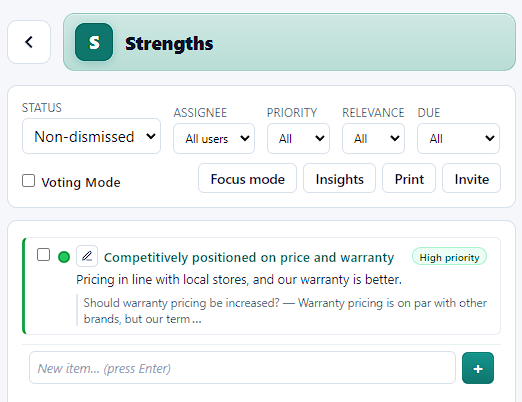 Quadrant focus view for Strengths with filters and priority tags